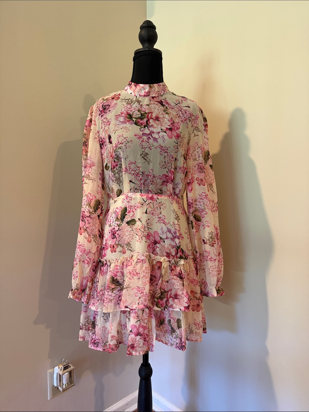 Boohoo Pink Floral High-Neck Long-Sleeve Tiered Mini Dress